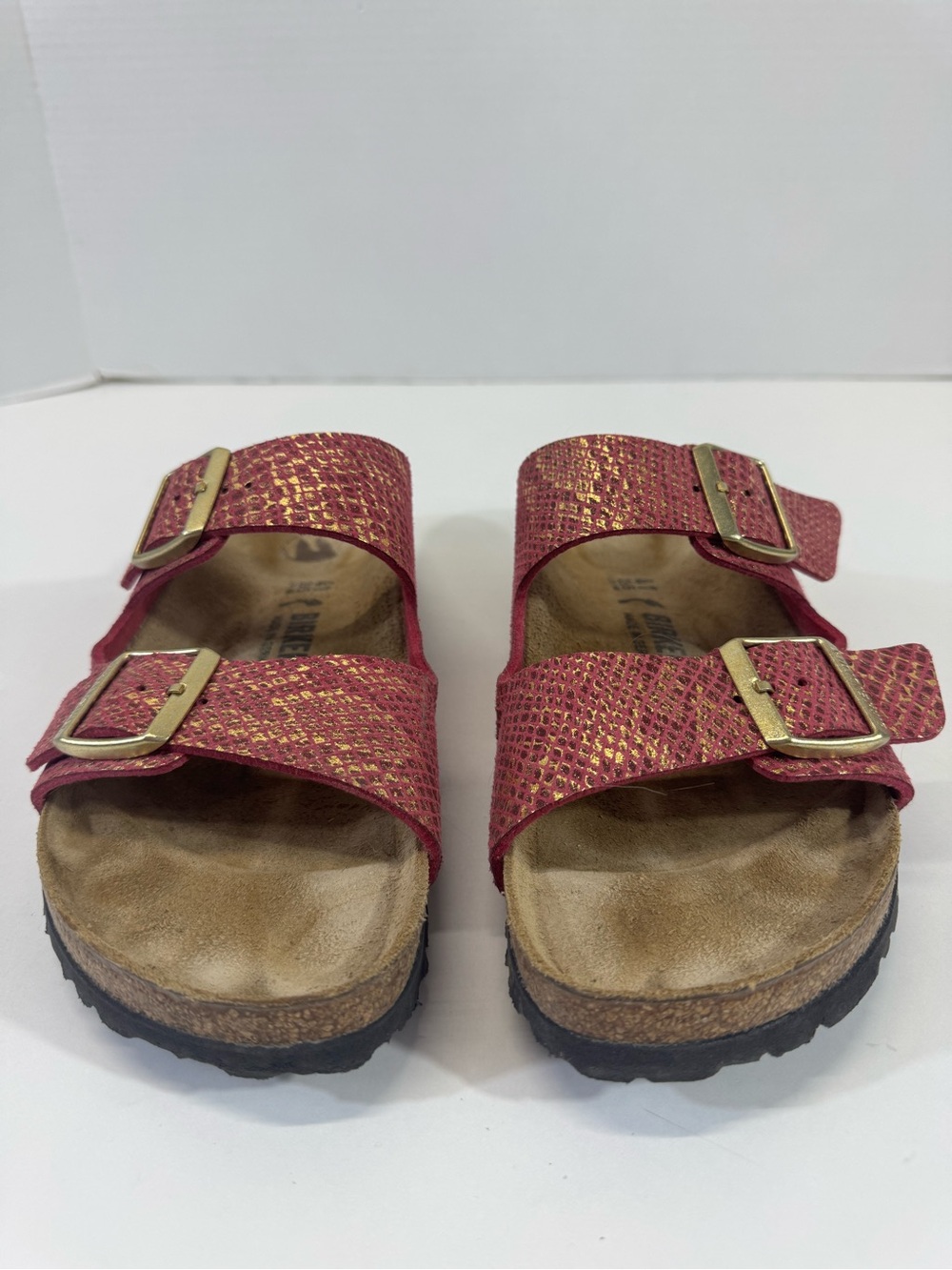 Birkenstock 41 Arizona Metallic Pink & Gold Snake-Print Sandals Womens 10 - Picture 2 of 9